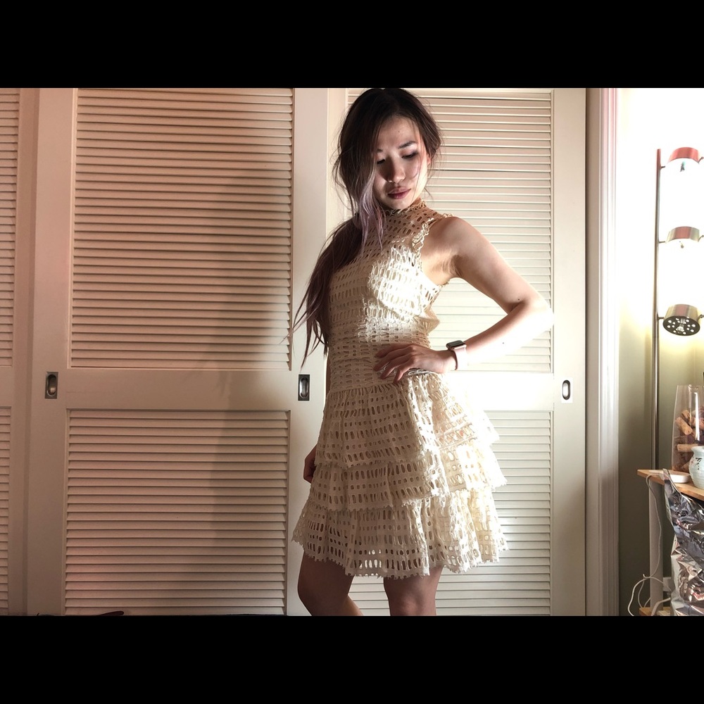 Ruffle flare mock neck crochet dress